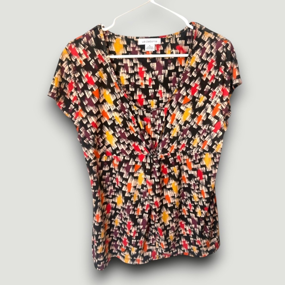Liz Claiborne Blouse Womens XL Multicolor Abstract‎ Casual Chic Stretch Office - Picture 2 of 5